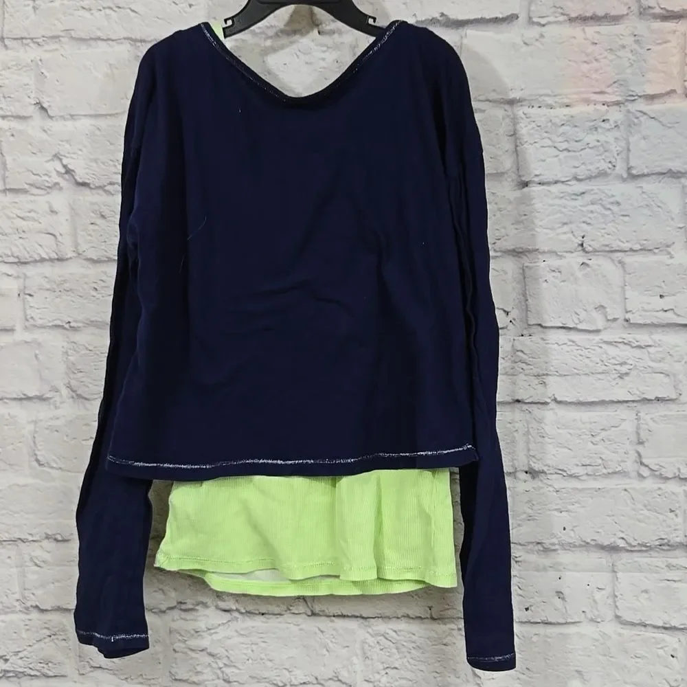 Justice Girls Layered Top Size 12 Navy Lime Graphic Shirt Tween Everyday Tee
